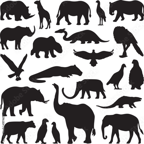 A diverse collection of prehistoric and modern animals in silhouette form