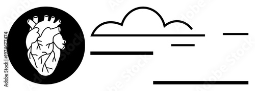 Healthcare, environmental connection, anatomy, climate change, abstract art, organic . Anatomical heart next to a cloud with intersecting lines. Healthcare and environmental connection concept