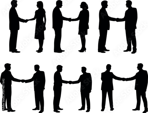 Business handshake silhouettes representing agreement, partnership, trust, negotiation, collaboration, and professional relationships in corporate environment and successful deal making concept