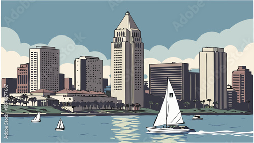 Coastal Urban Skyline Featuring Modern Office Towers And A Sailing Boat On Calm Water Under A Cloudy Blue Sky In A Stylized Graphic Design Format san