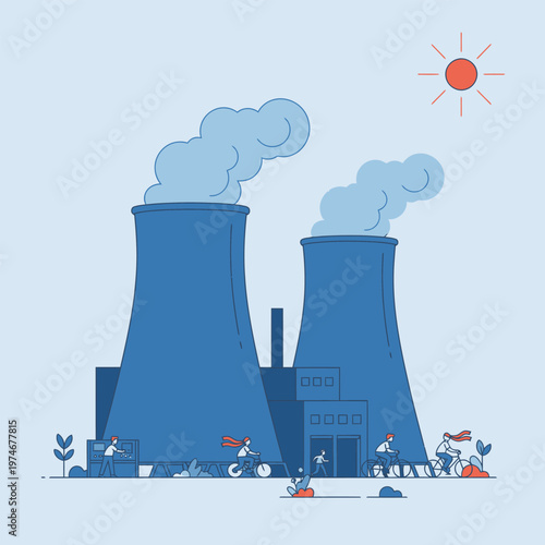 Industrial Cooling Towers Emitting Steam Under Sunny Sky.