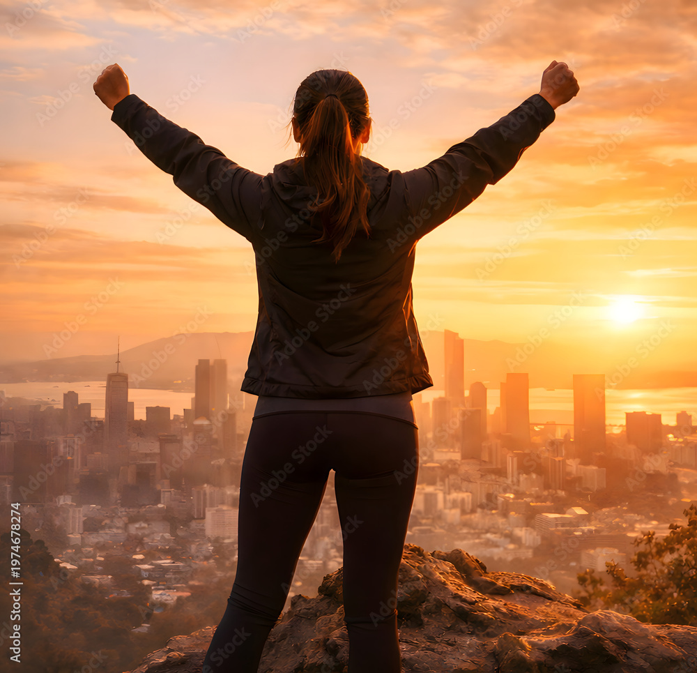 Fototapeta premium Successful woman standing on mountain top with arms raised looking at city skyline during golden hour sunset.