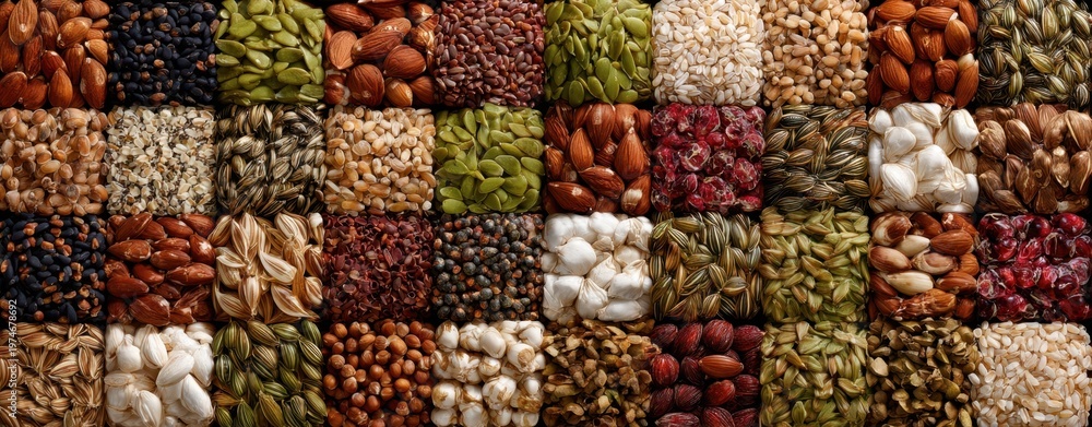 Fototapeta premium The Nuts and Seeds Mosaic Arranged in Colorful Squares for Healthy Cooking