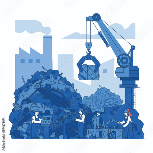 Industrial Crane Lifting Scrap Metal at Recycling Facility.