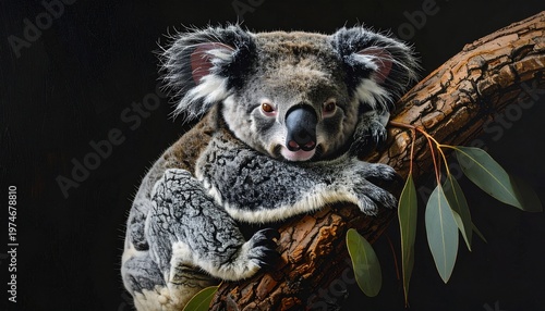Koala clinging to a branch with eucalyptus leaves against a dark background.