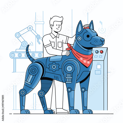 Man with Futuristic Robotic Dog in a Workshop.