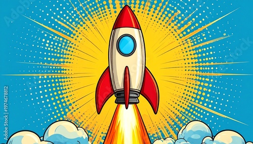 Cartoon Rocket Launching into Space with Pop Art Background.