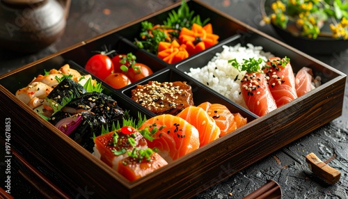 Exquisite Japanese Bento Box with Fresh Salmon and Rice.