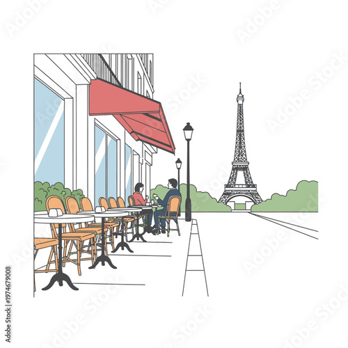 Parisian Cafe Scene with Eiffel Tower View.
