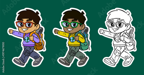 Cartoon Character of a Boy Hiking with Backpack