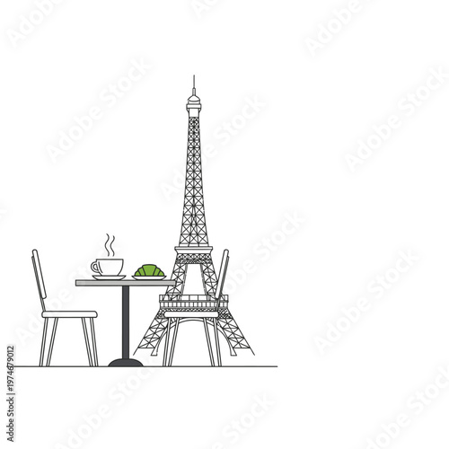 Parisian Cafe Scene with Eiffel Tower Illustration.
