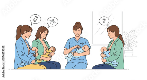 Mothers and nurses discussing breastfeeding and baby care.