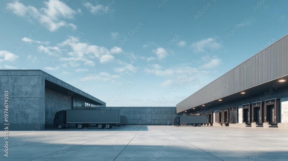 Obraz premium Industrial warehouse with trucks parked outside in a modern distribution center under a clear sky