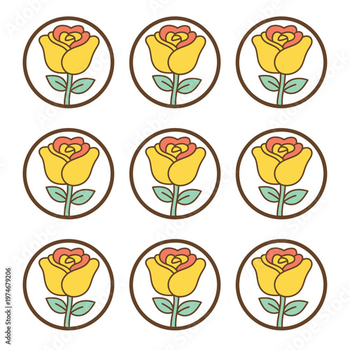 Set of Nine Yellow Rose Icons with Red Centers.