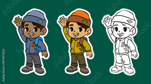 Cartoon Character of a Boy Waving with Backpack