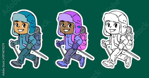 Cartoon Character of a Boy Hiking in Winter Gear