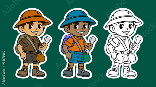 Cartoon Character of a Boy Exploring with Map and Bag