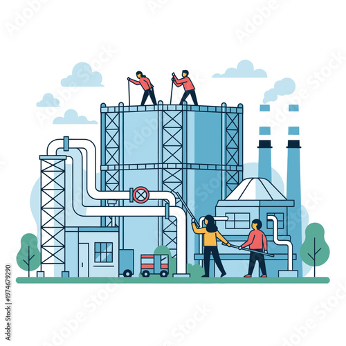 Industrial Facility with Workers and Large Storage Tank.