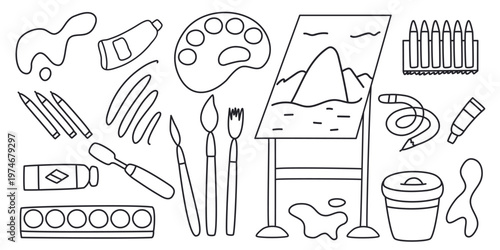 Hand-drawn set items for artist. Tools and supplies for painting, drawing with pencils, paints, crayons, in doodle style. Easel, brushes, palette, tubes and more. Vector graphics