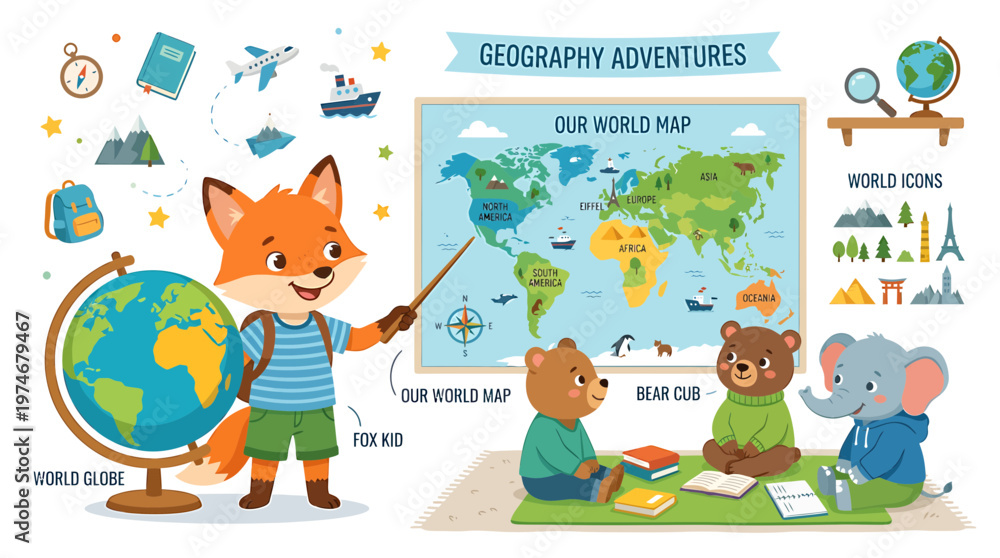 Fototapeta premium Cute Fox Teacher Explains World Map to Animal Students