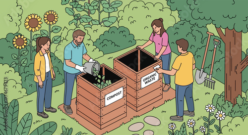 People actively engaged in composting process outdoors.