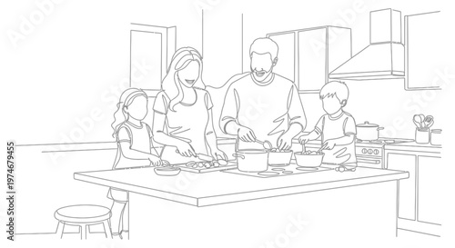 Family baking together in kitchen.