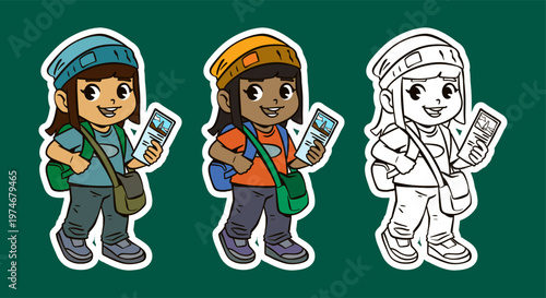 Girl Traveling with Map and Bag Cartoon Character