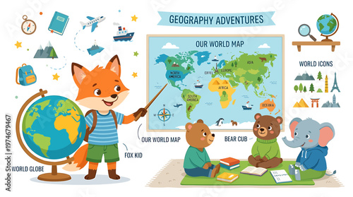 Cute Fox Teacher Explains World Map to Animal Students