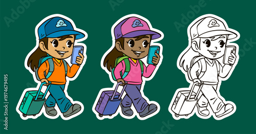 Girl Traveling with Phone and Suitcase Cartoon Character