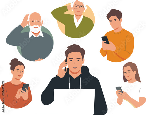 Cyber scam concept showing phone fraud criminal calling victims and deceiving them into sending money digital security vector illustration