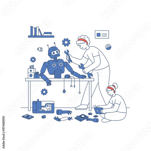 People building and assembling a robot together.