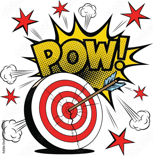 Comic style dartboard with arrow hitting target and POW explosion