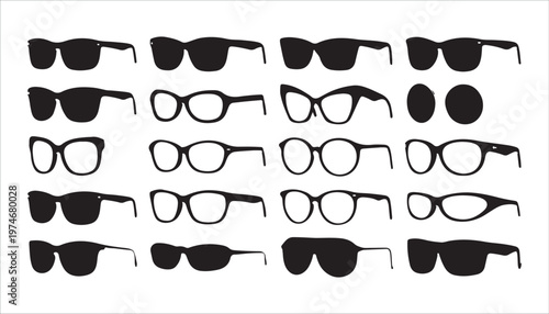 Black silhouette collection of trendy eyewear frames and classic sunglasses shapes isolated on white backdrop.