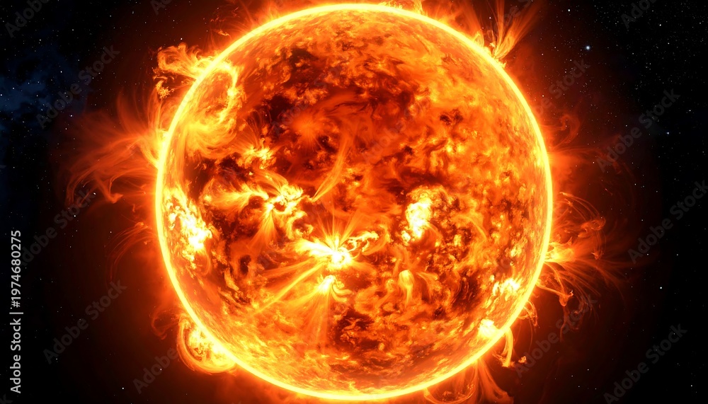Fototapeta premium Fiery orange celestial body with swirling plasma and intense glowing energy against a dark, speckled background