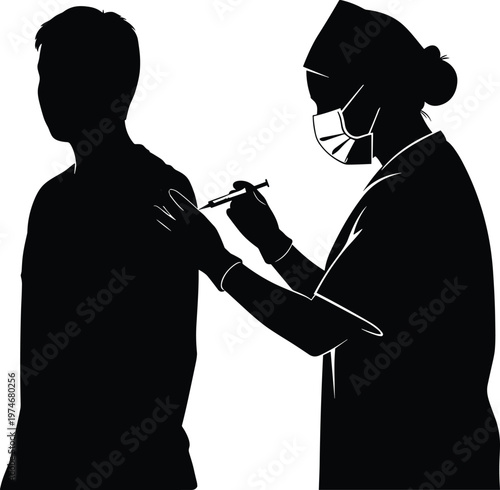 Nurse administering vaccine injection to male patient silhouette, healthcare immunization concept, medical safety procedure, pandemic prevention, black vector illustration isolated on white background