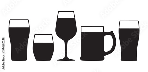 Different types of beer glasses silhouettes with liquid levels including pint plus tulip and heavy mug icon.
