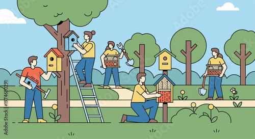 People building and installing birdhouses in a park setting.