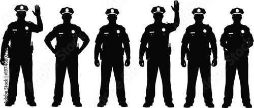 Police officer silhouettes in various standing poses, law enforcement concept, security service presence, authority figures, black vector illustration isolated on white background