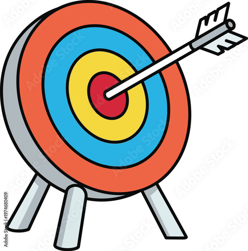 A colorful archery target illustration with an arrow hitting the center red bullseye perfectly.