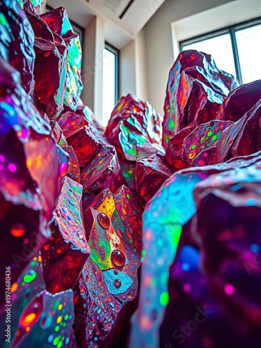 Iridescent geological formations burst with intense hues, skewed perspective amplifying their alien allure,  art,  macro