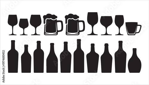 Set of black silhouette wine and beer bottles and glasses vector illustration isolated on white background.
