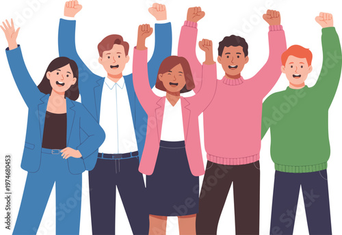 Excited business colleagues celebrating achievement with raised hands, happy corporate team rejoicing in workplace success vector illustration