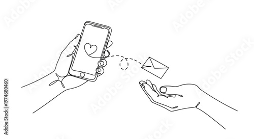 Hands exchanging a digital heart message.