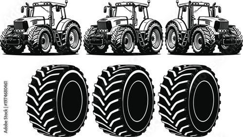 Set of modern agricultural tractors and large rugged tires, detailed black vector illustration isolated on white, farming machinery collection for agriculture and heavy equipment design