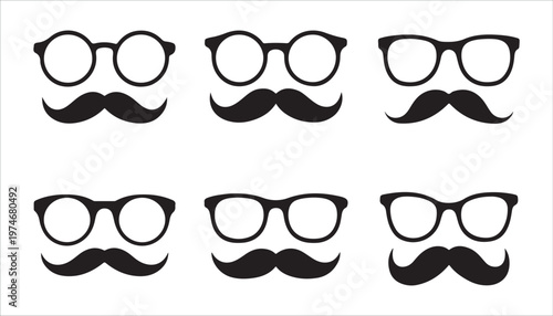 Mustache and glasses black vector icons, isolated on white background set of different shapes.