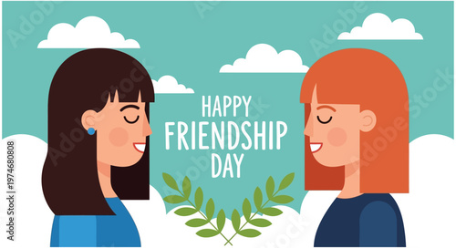 Happy friendship day vector illustration celebrating bonds with two smiling women and a festive design
