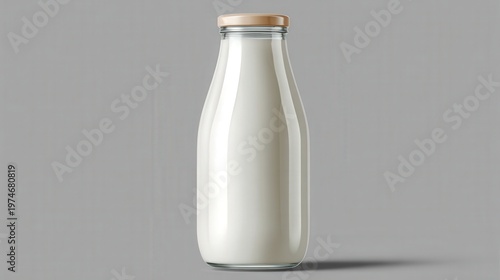 Clear glass bottle filled with fresh milk stands against a neutral gray background.