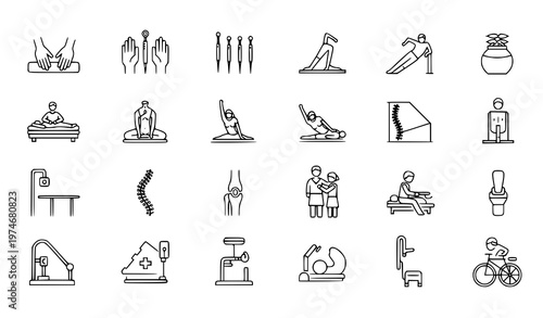 Physiotherapy outline icon set with massage acupuncture exercise and rehabilitation vector