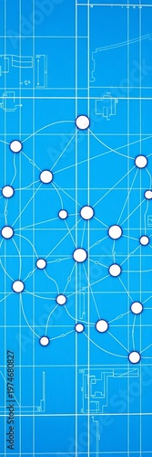 Schematic diagram on a blue blueprint background, showing interconnected nodes and lines for a conceptual network or system,  structure,  technical