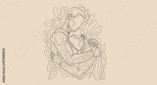 Abstract Line Art Embracing Couple Holding Heart Symbol.